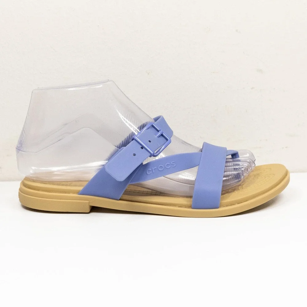 CROCS Tulum Toe Post Strappy Buckle Comfort Sandal Periwinkle Blue Tan Sz 7